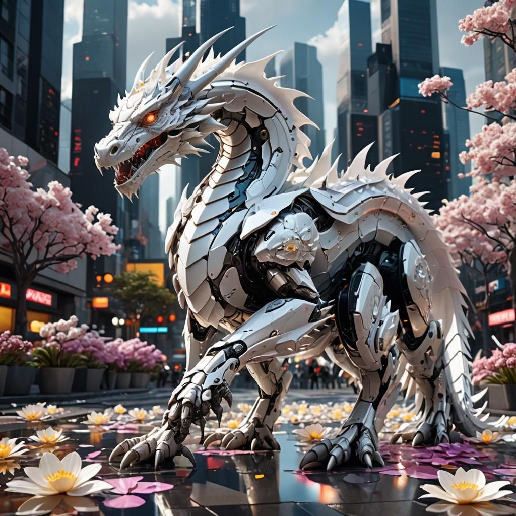 Futuristic Metal Dragon in Sci-Fi Cityscape