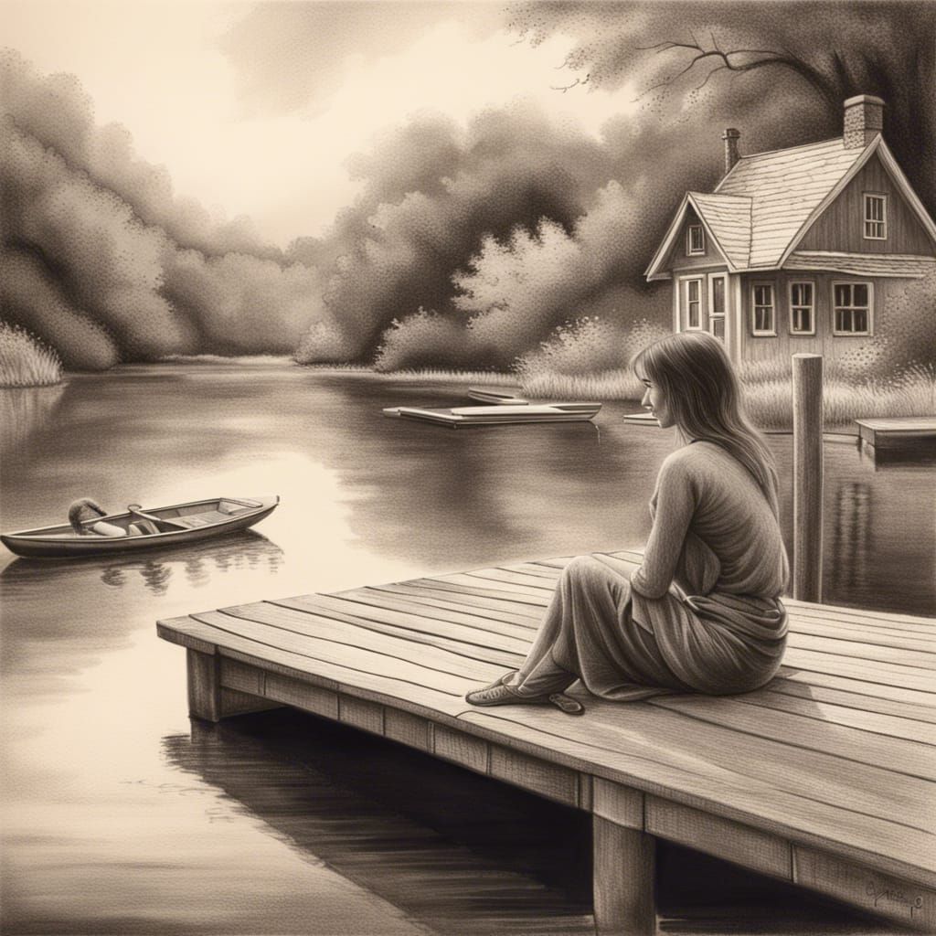 Riverside Cottage: Hyperdetailed Charcoal Drawing of Woman o...