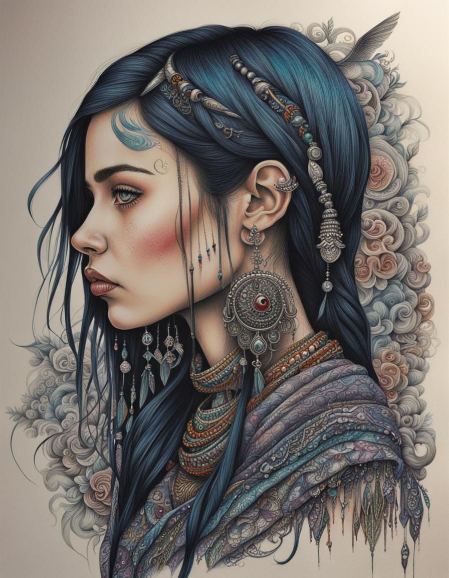 Detailed Colored Pencil Portrait of Pierced Girl