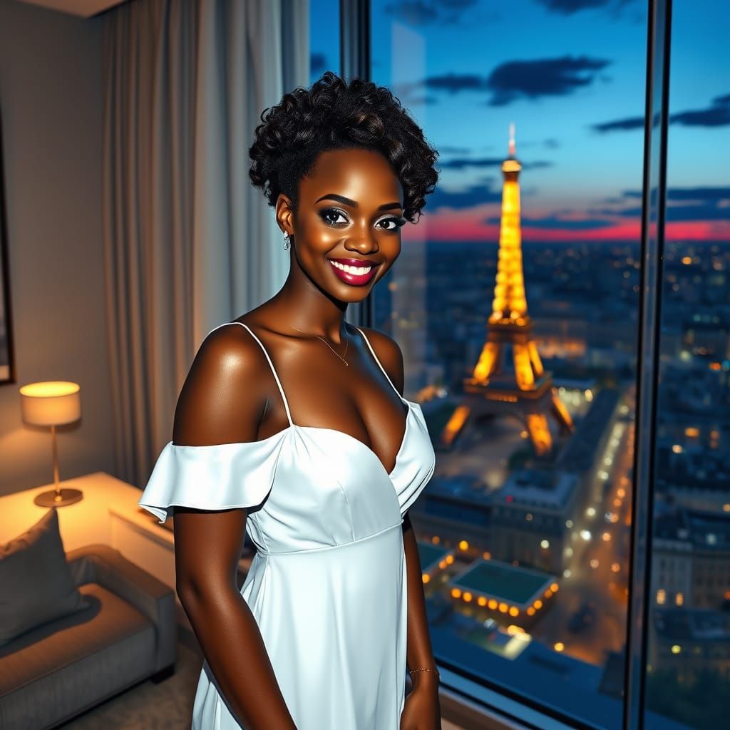 Elegant Dark Skinned Woman in Parisian Hotel Room