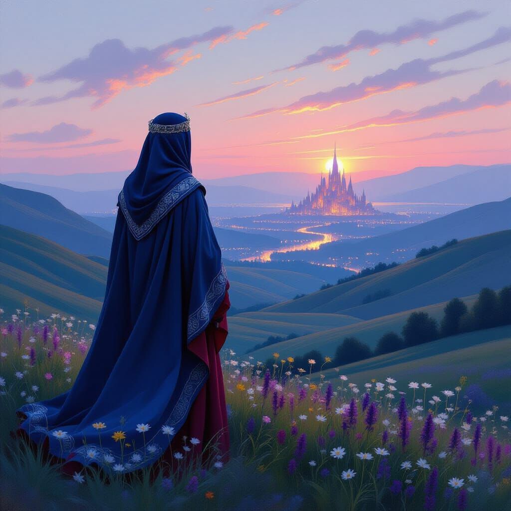 Ethereal Twilight City View with Figure in Robes