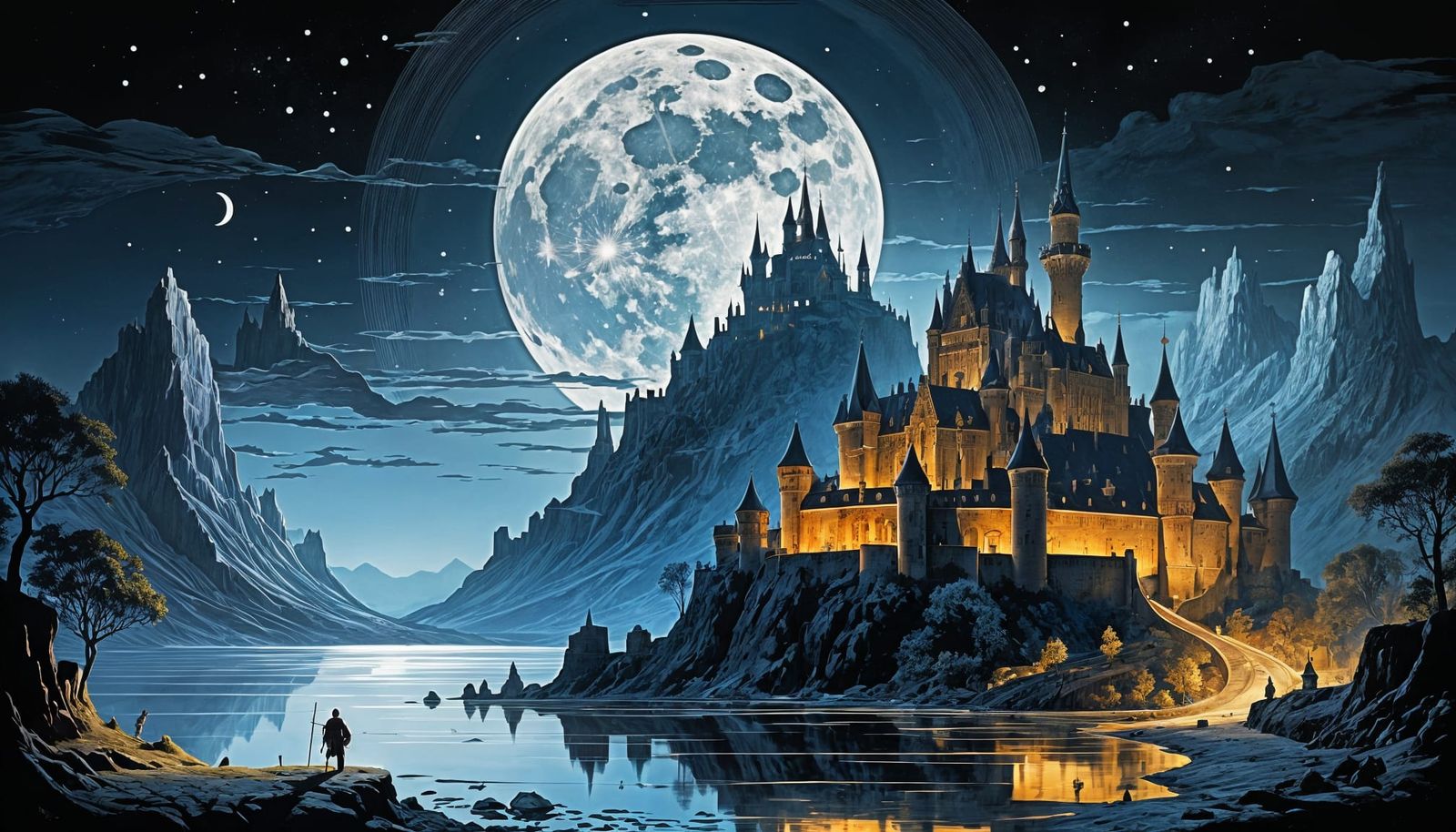 Fantasy Castle Map in Moonlit Watercolor Style