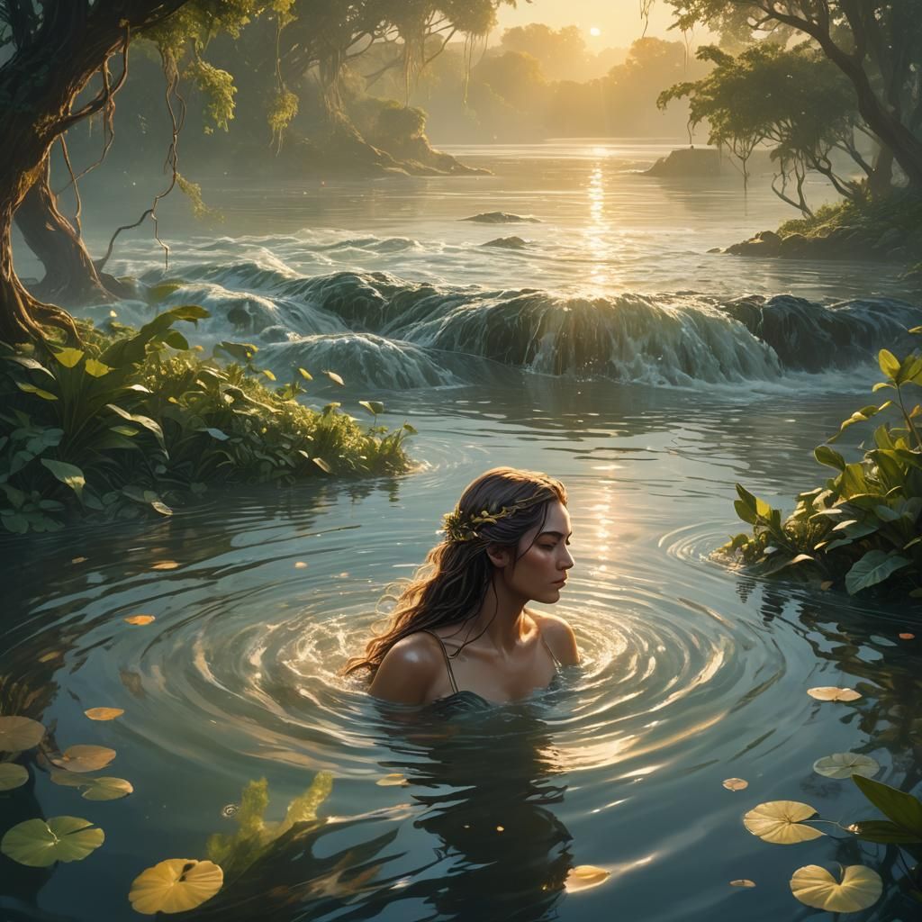 Serene Bather in Fish-Filled Waters