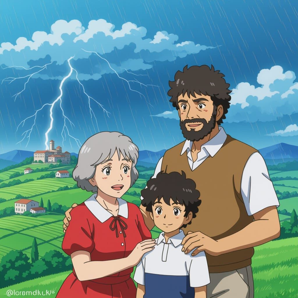Italian Family Portrait in Studio Ghibli Anime Style
