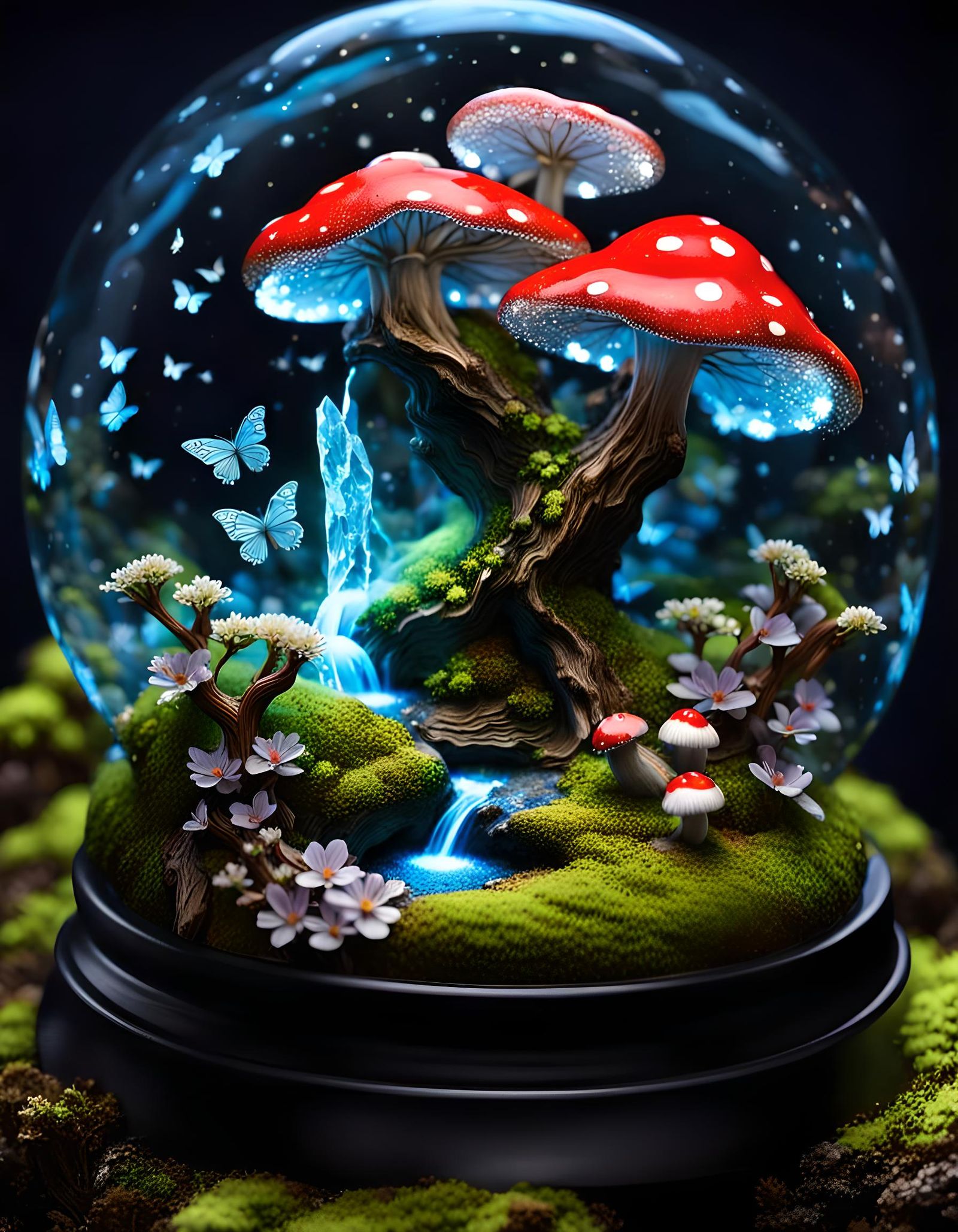 Bioluminescent Mushroom Forest Snowglobe in Ethereal Style