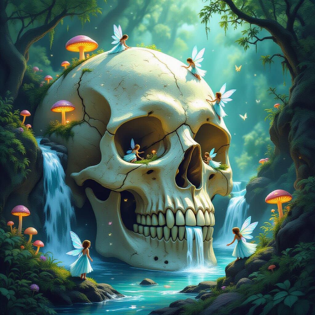 Fairies Tend Skull Garden in Vibrant Digital Painting