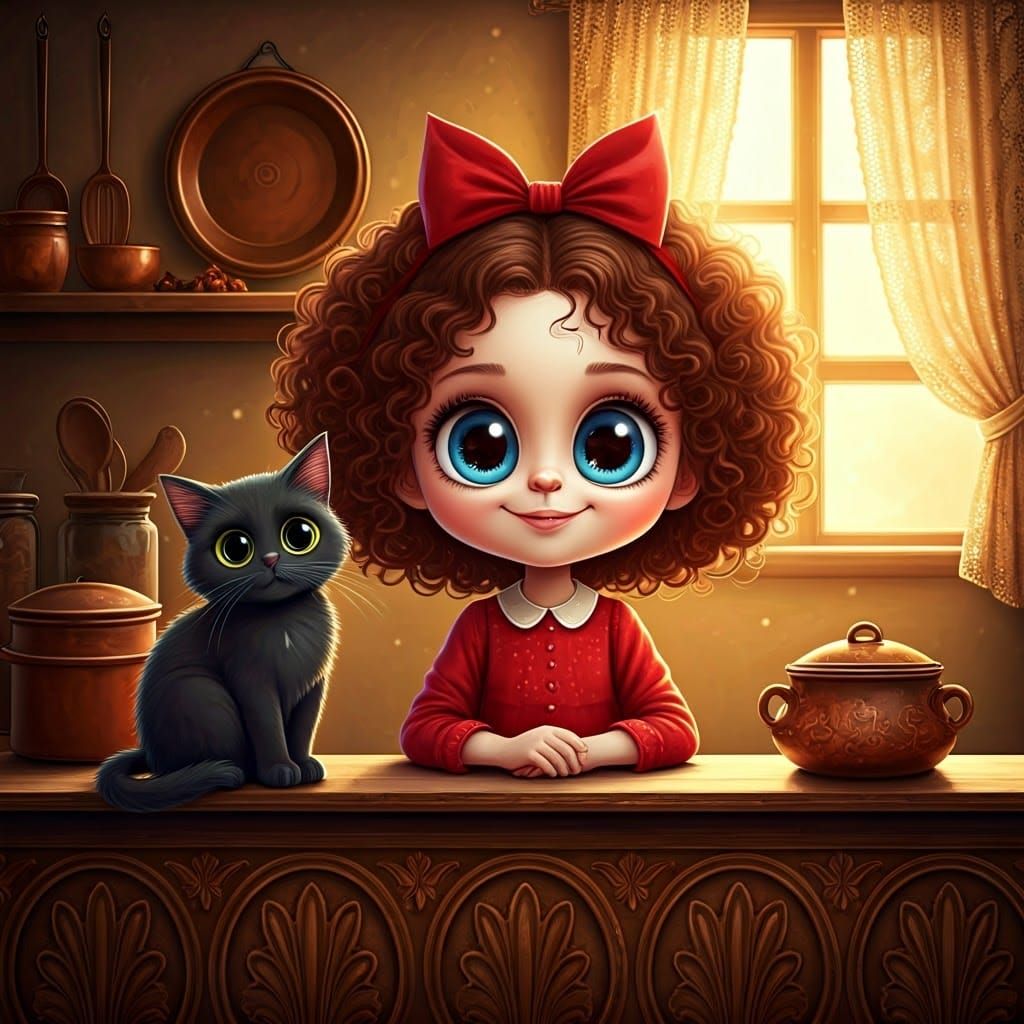 Girl with Cat in Whimsical Kitchen Scene