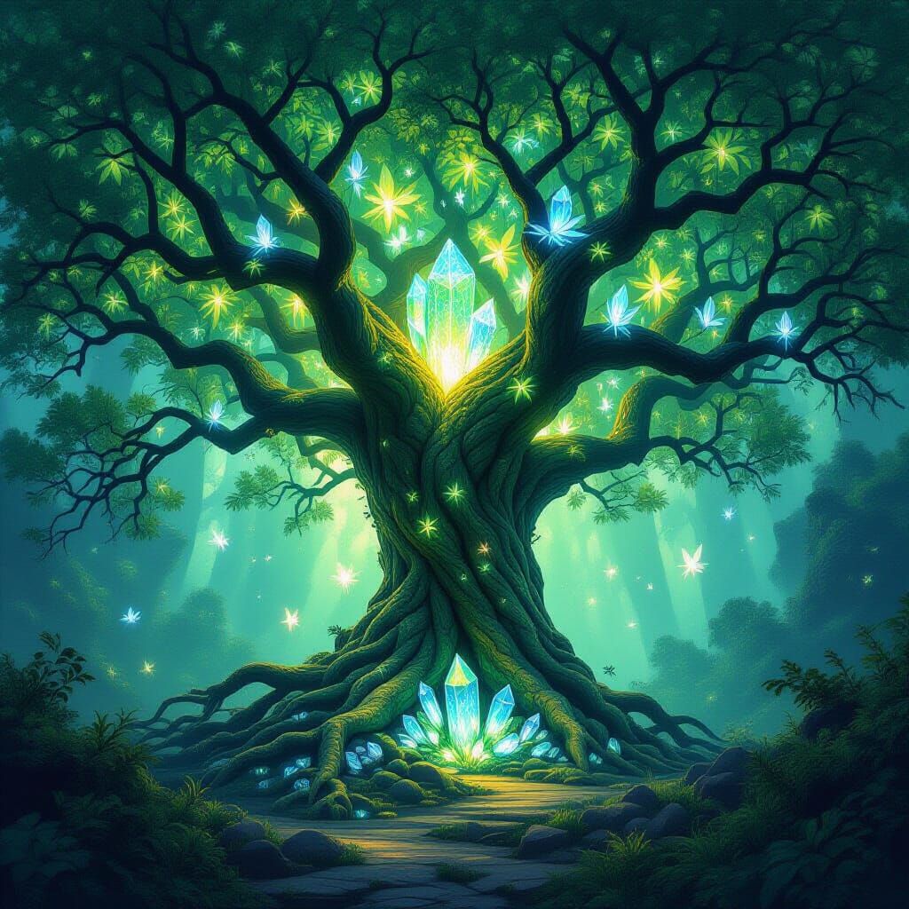 Ancient Bioluminescent Tree in Magical Glade