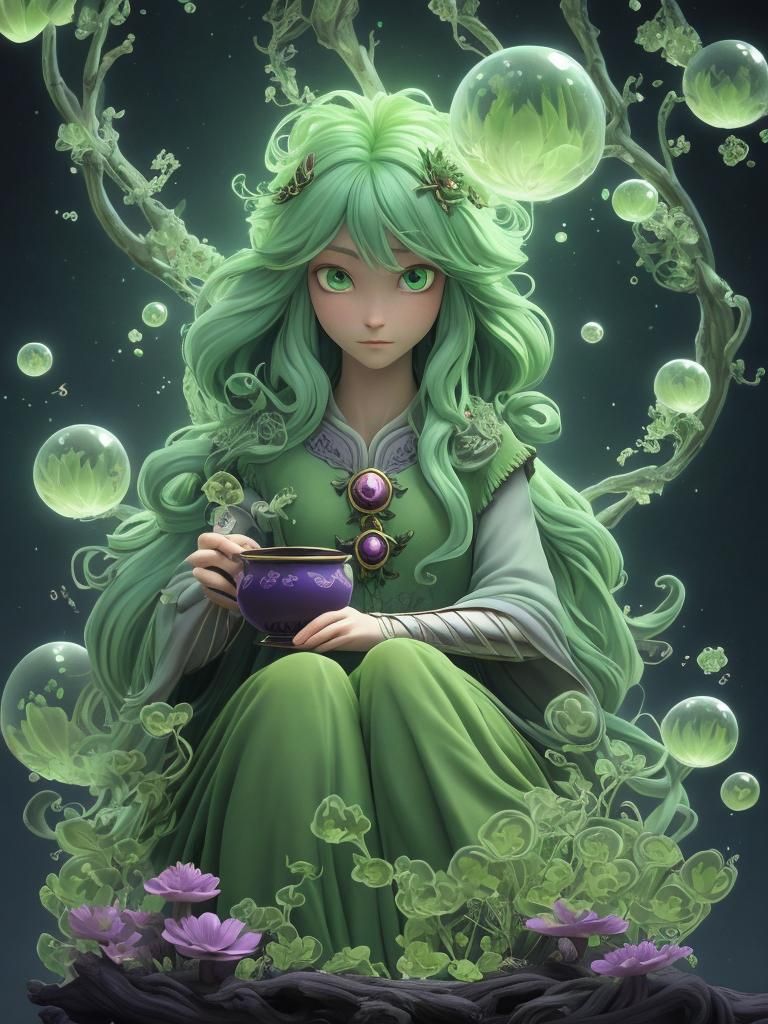 Green-Haired Fairy Sipping Tea in Anime Style