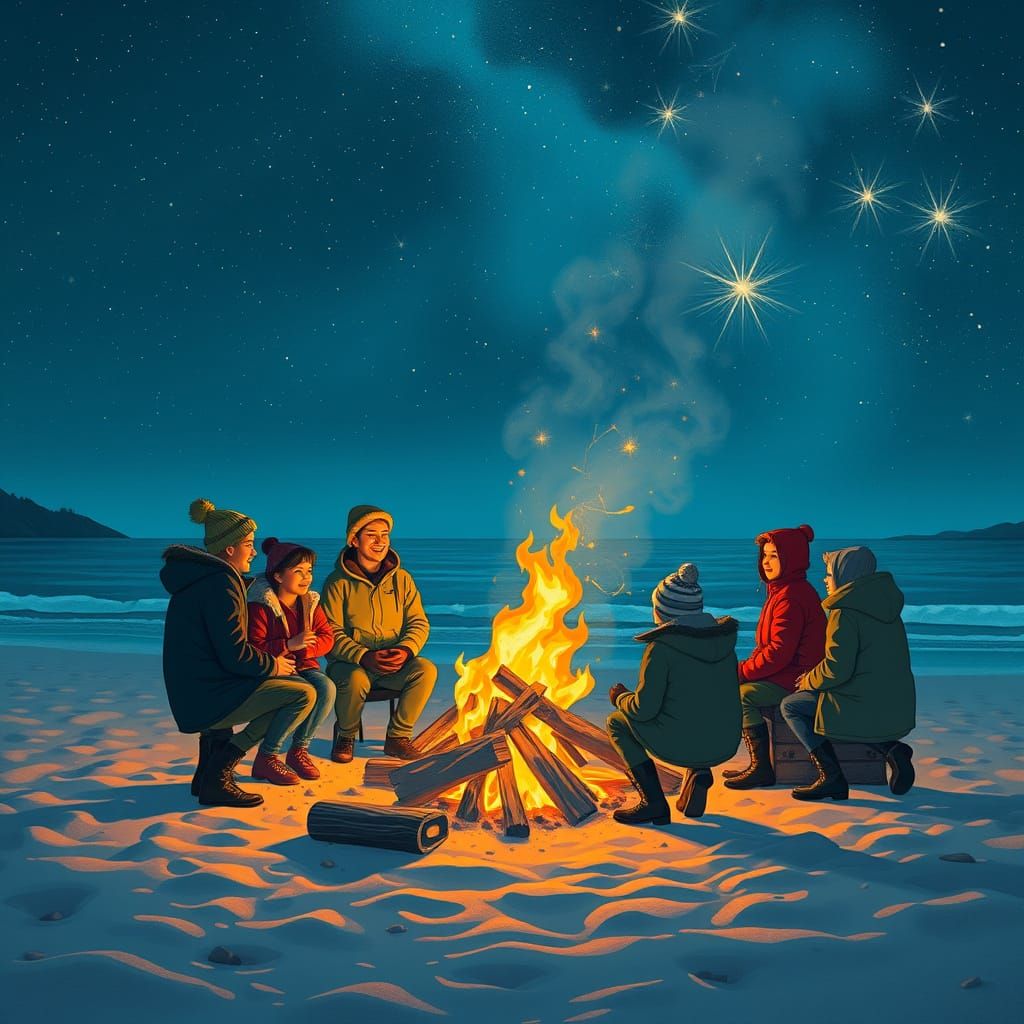 Bonfire on Beach Under Starry Sky