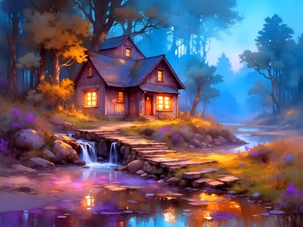 Misty Cottage by Stream: Oil Painting