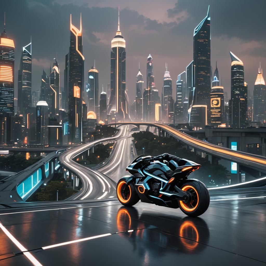 tron style light cycle, city skyline in the far background