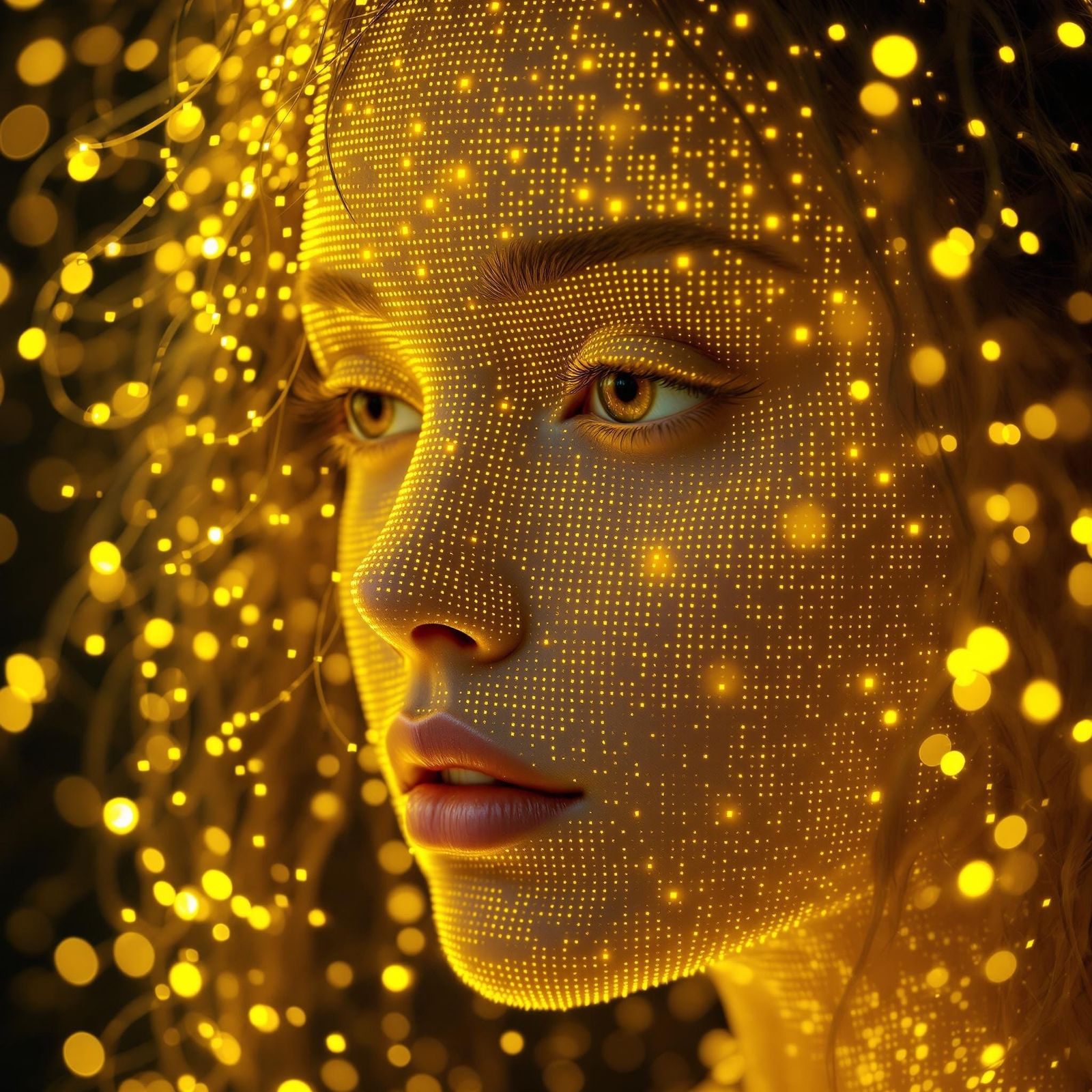 Girl's Face and Hair in Glowing Yellow LED Lights Digital Ar...