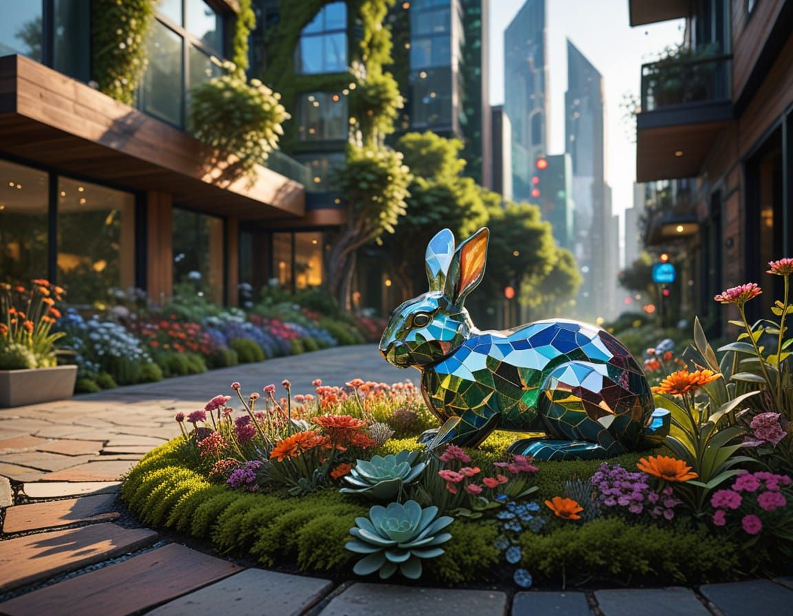 Ethereal Solarpunk Cityscapes with a Watchful Rabbit Statue