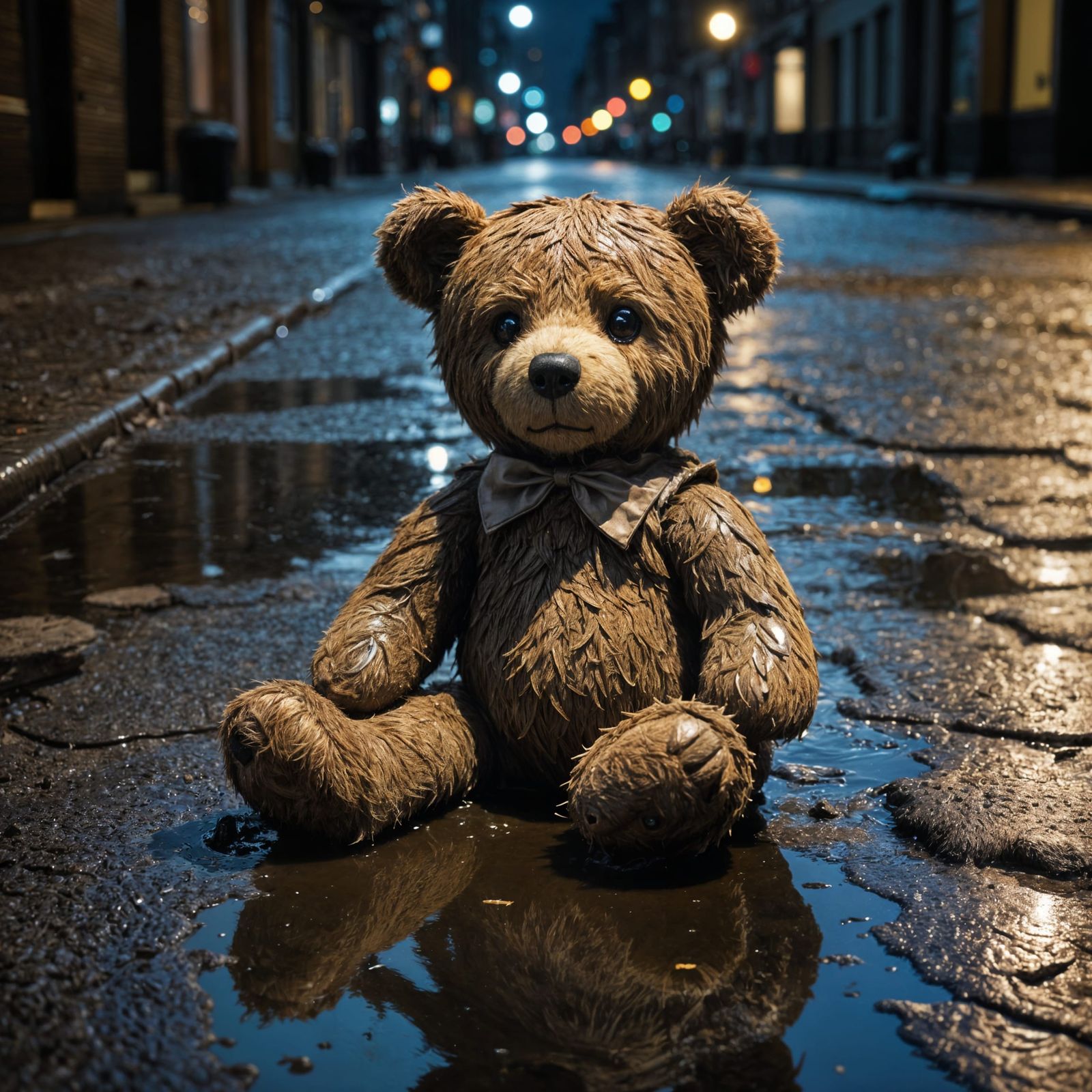 Sad Teddy Bear in City Street Mud Puddle