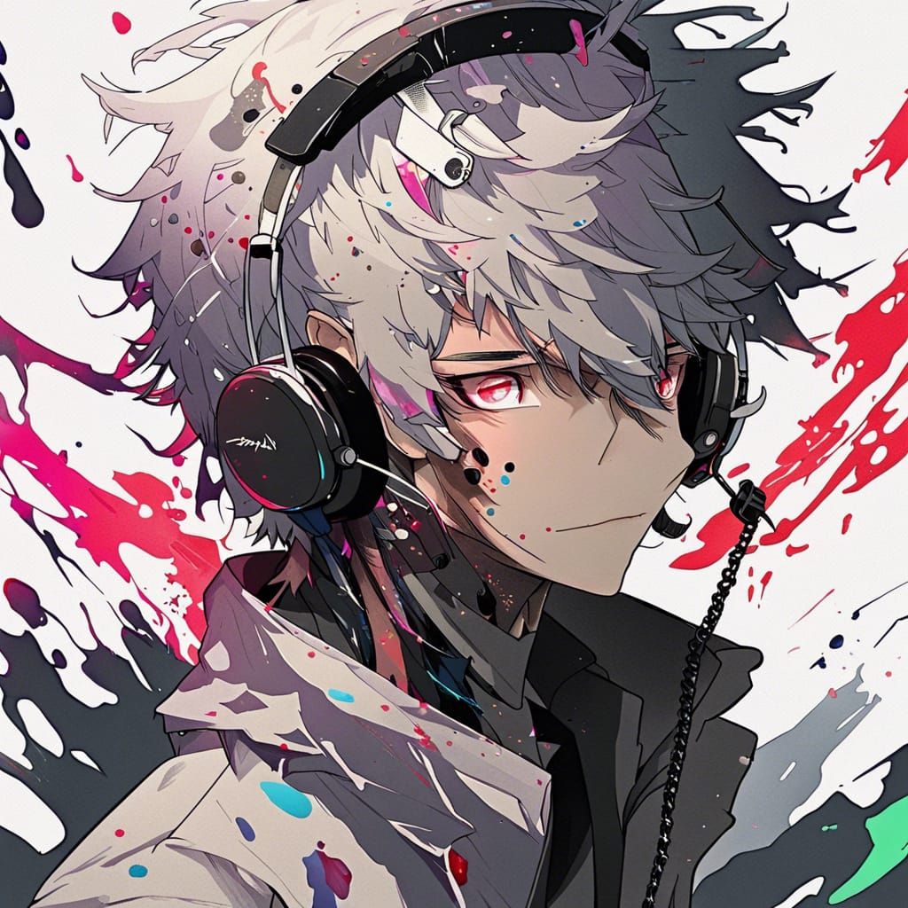 Anime Character with Headset and Paint Splatters