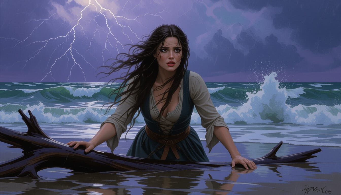 Shipwrecked Woman Desperately Seeks Help on Stormy Shore