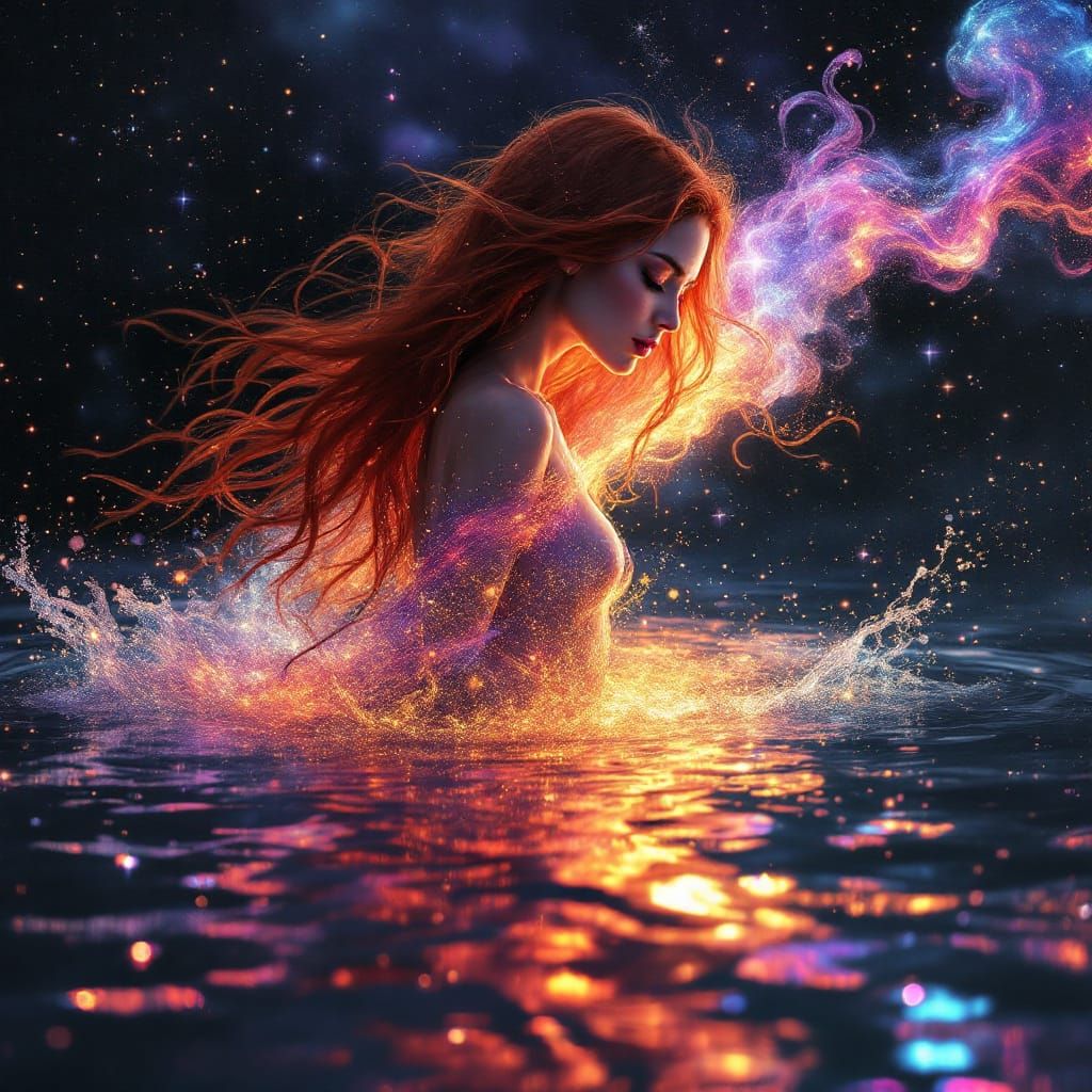 Woman Dances in Cosmic Waters: Surreal Fantasy Art
