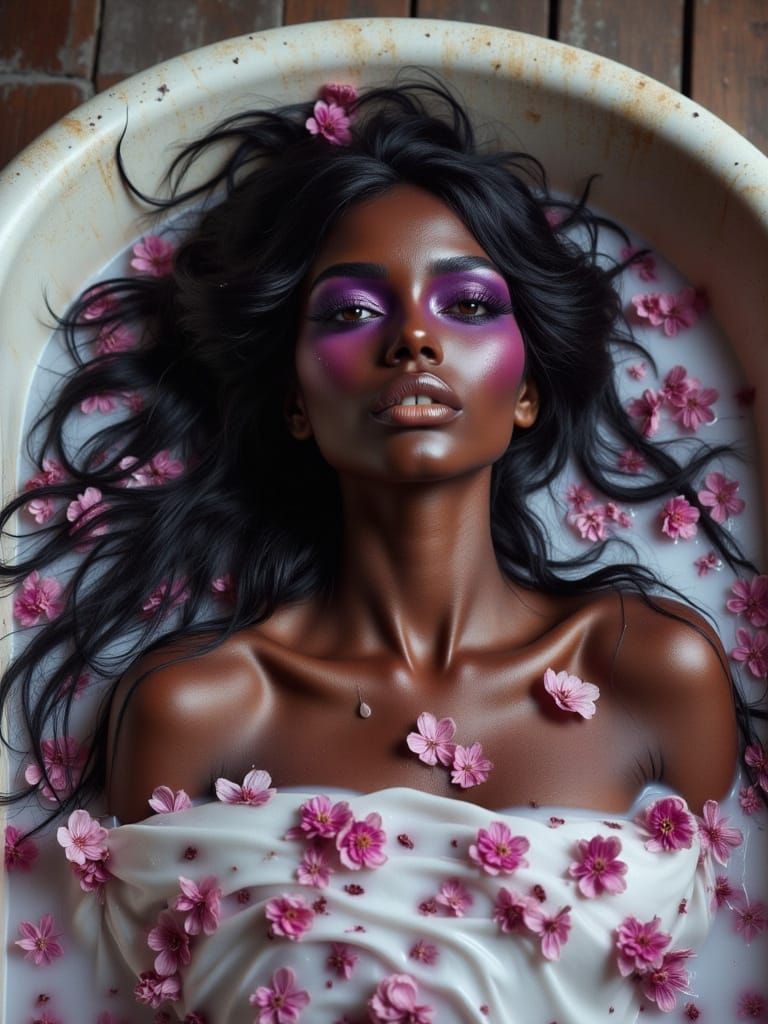 Dark Skinned Woman in Cherry Blossom Bathtub