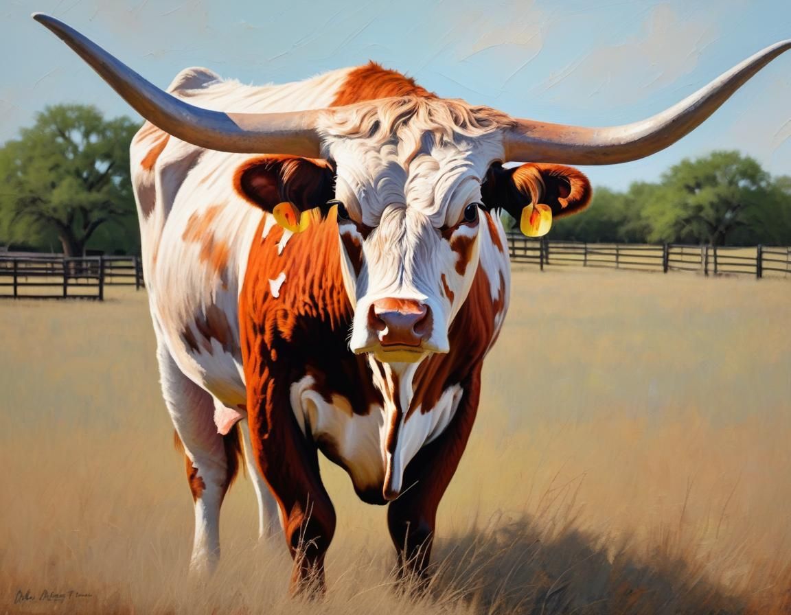 Longhorn Steer in Texas Ranch, Impasto Painting