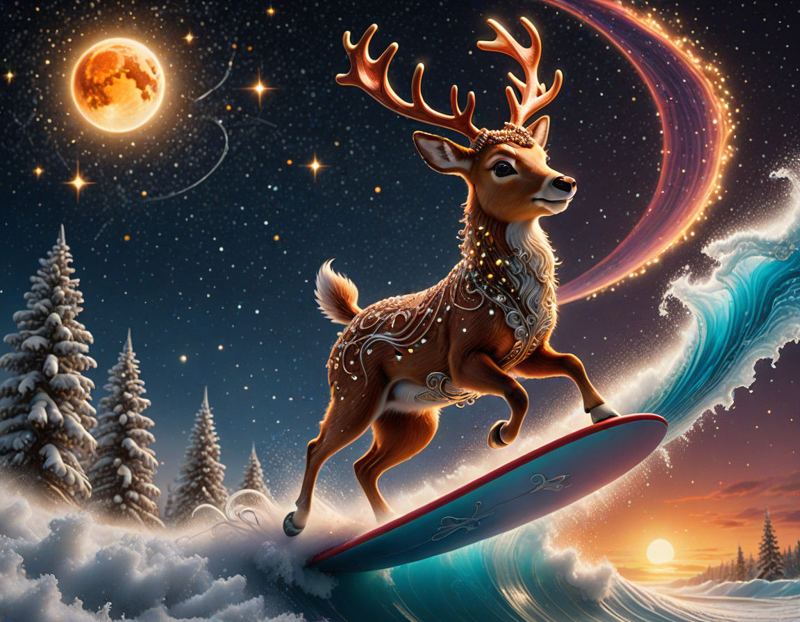 Kawaii Surfer Rudolph on Iridescent Comet Tail