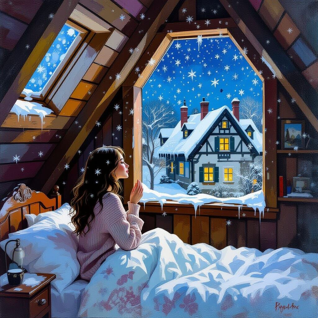 Woman in Attic Receiving Snowflakes: Gouache Impasto Style