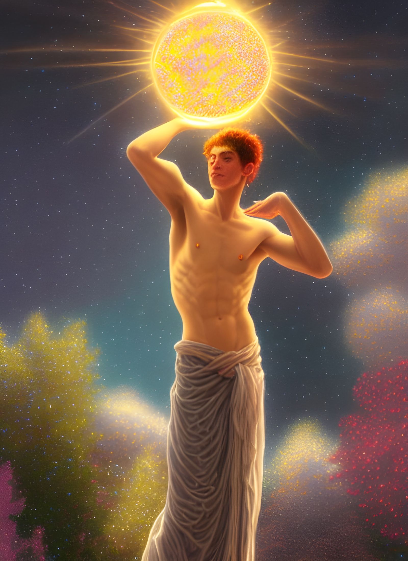 Celestial God Hugging Crystalline Orb in Art Nouveau Style