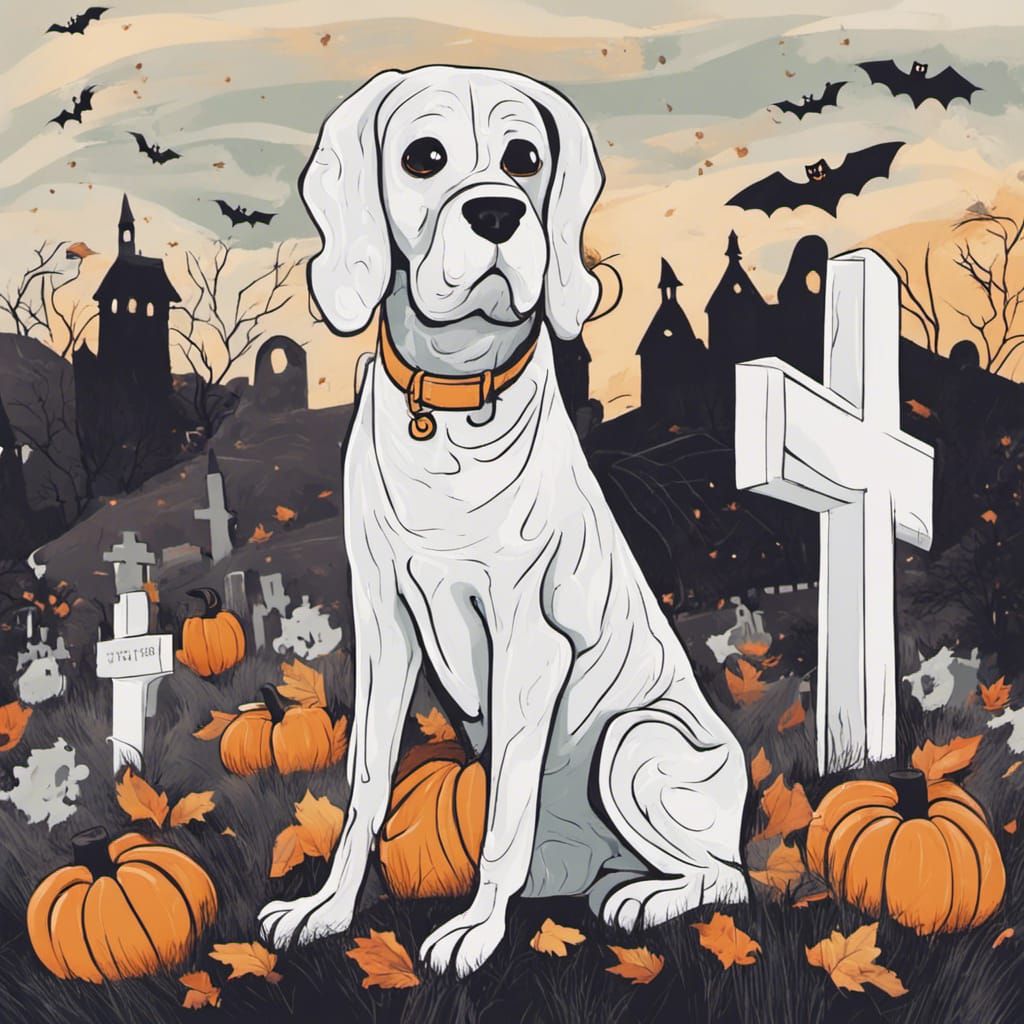 Cute Ghost Dog in Cemetery: Halloween Abstract Art