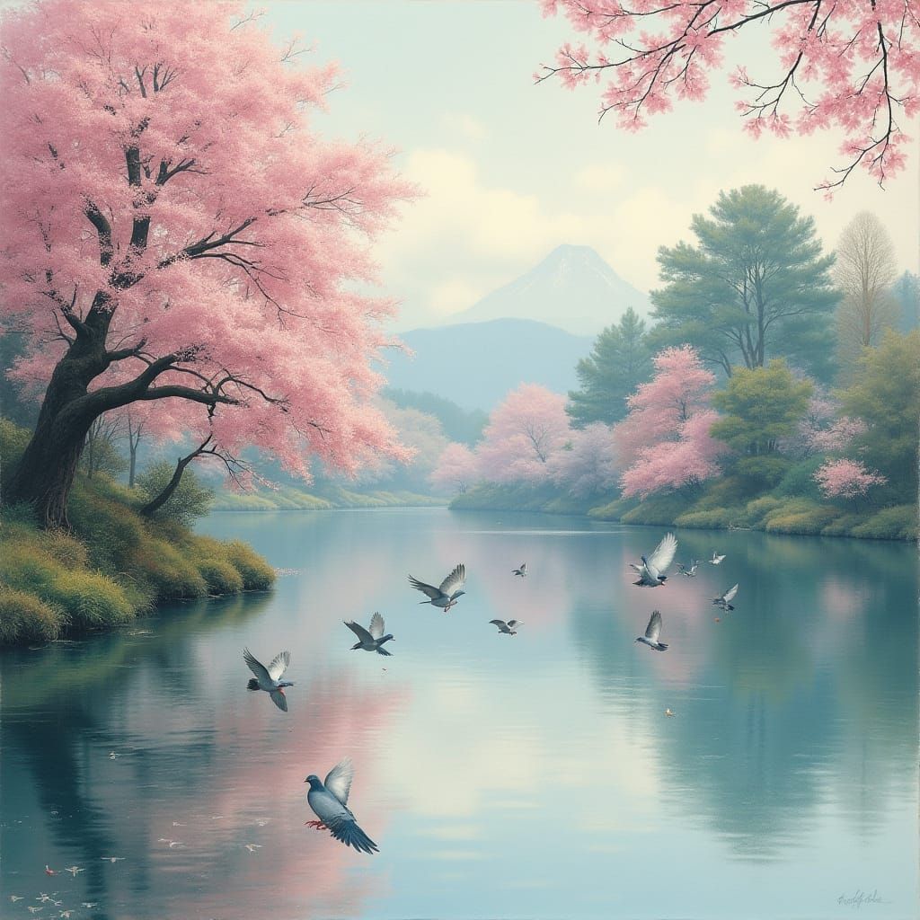 Tranquil Lake Landscape with Cherry Blossoms in Impressionis...