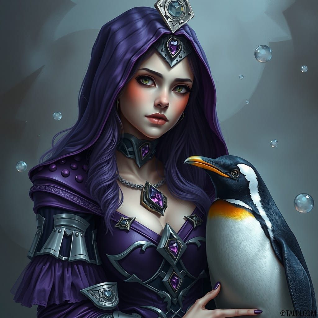 Mystical Amethyst Priestess with Penguin Familiar in Metalli...