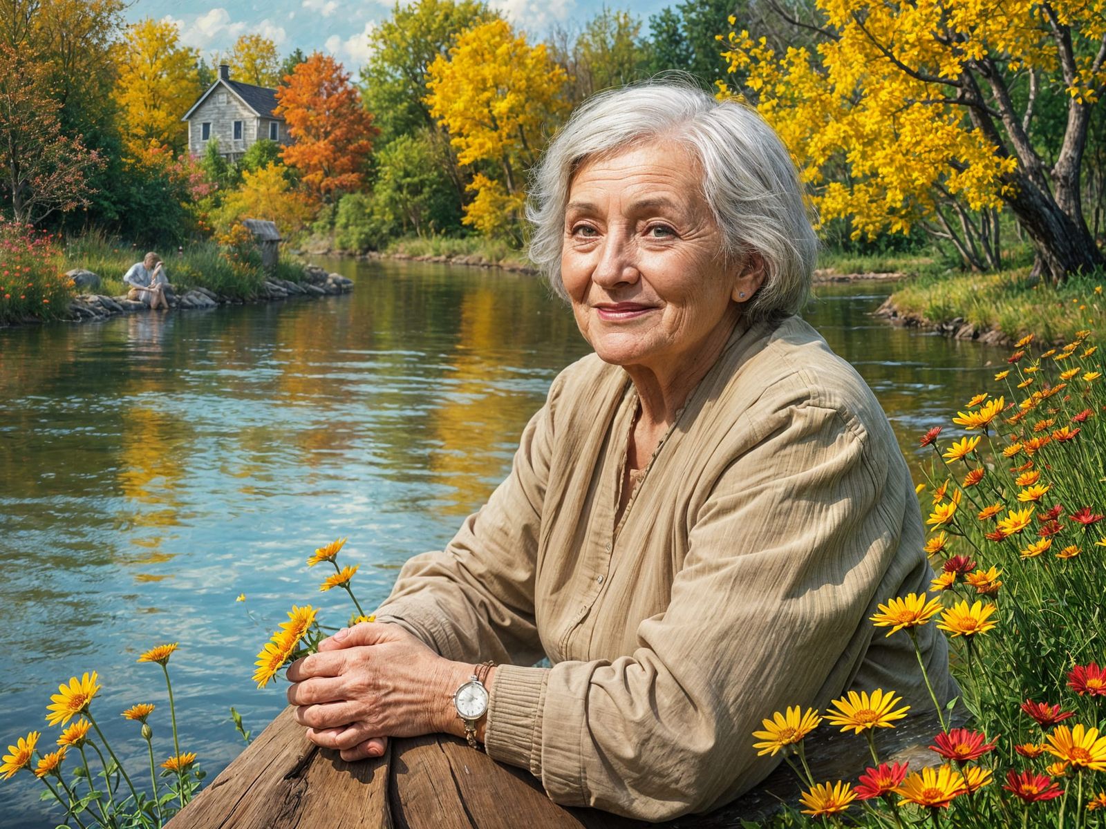 Contemplative Woman by River in Post-Impressionist Style