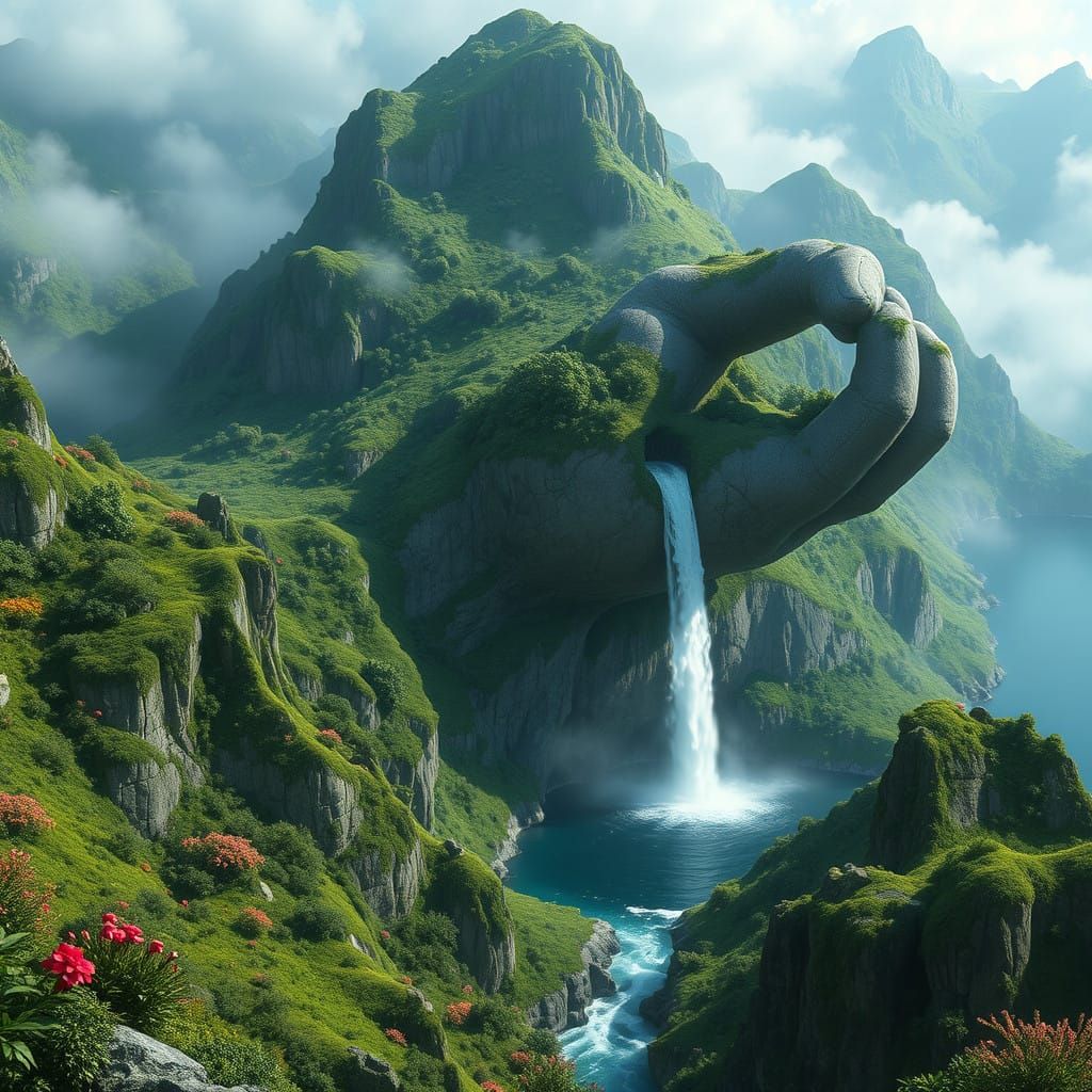 Giant Hand Emerges from Verdant Mountains