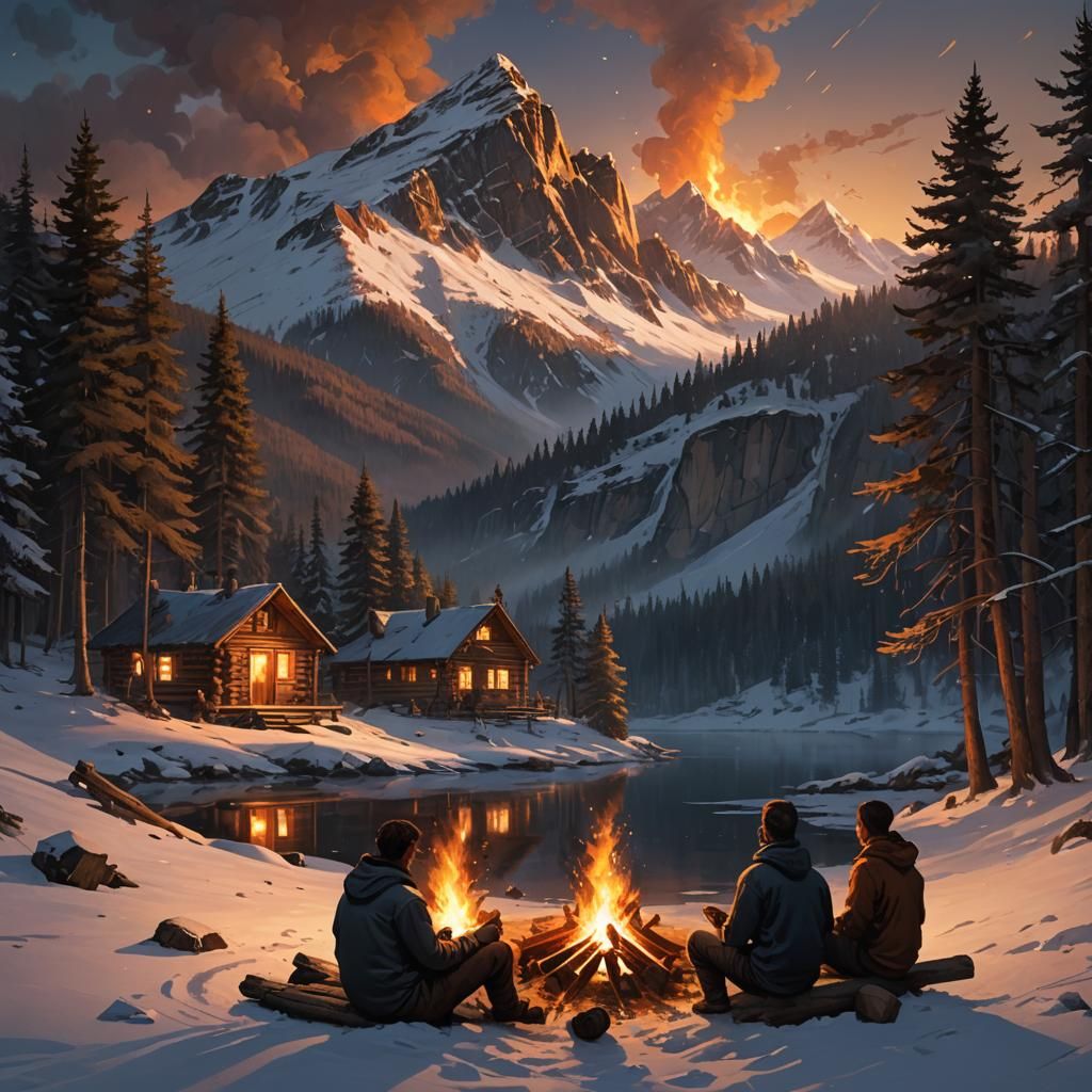 Dark Fantasy Cabin by a Snowy Lake at Night