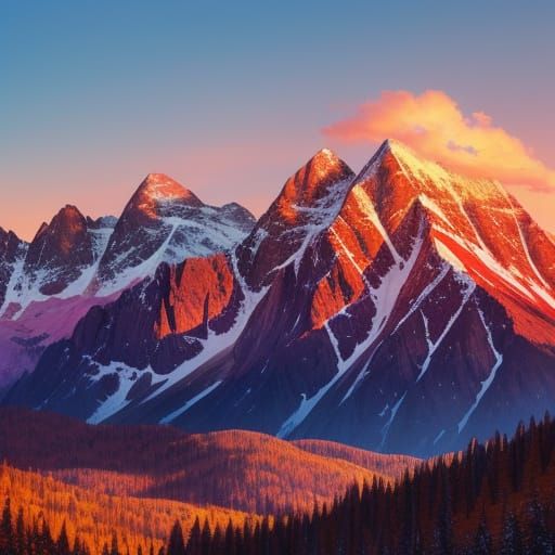 Mountain Range at Golden Hour in Oil Painting Style