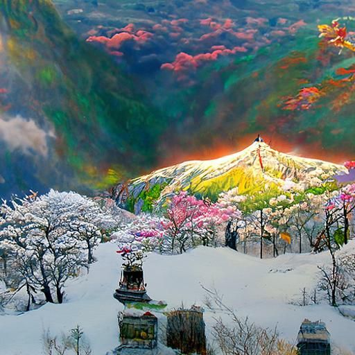 Japanese Shrine with Samurai and Cherry Blossoms