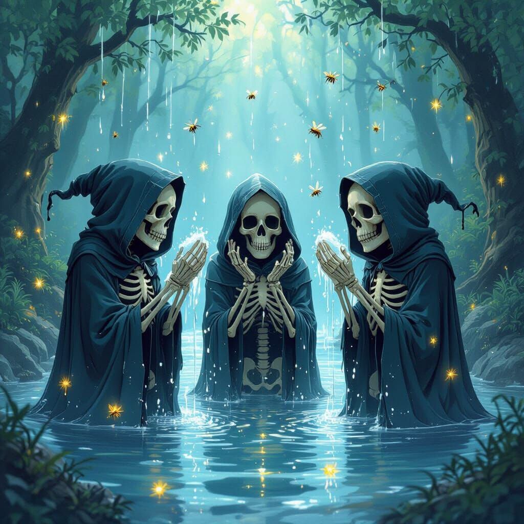 Skeletons Showering at Night in Whimsical Style