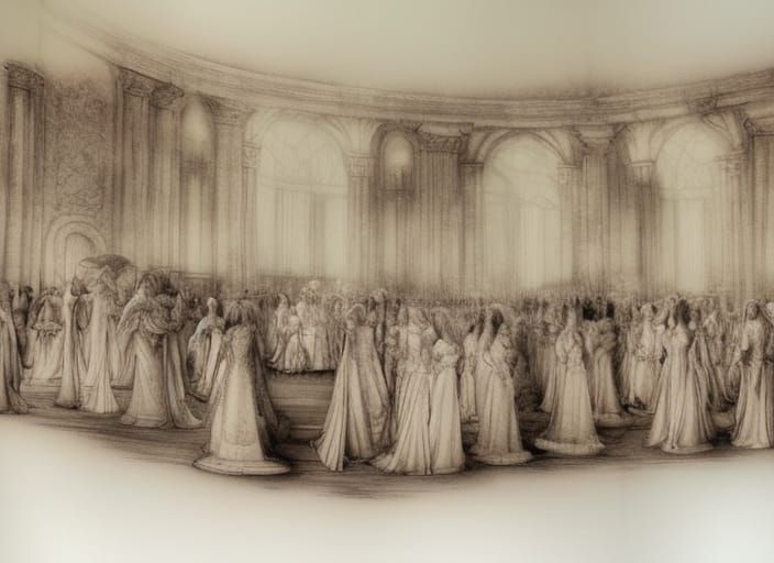 Elegant Noble Women Crowd Sketch in Monochromatic Style