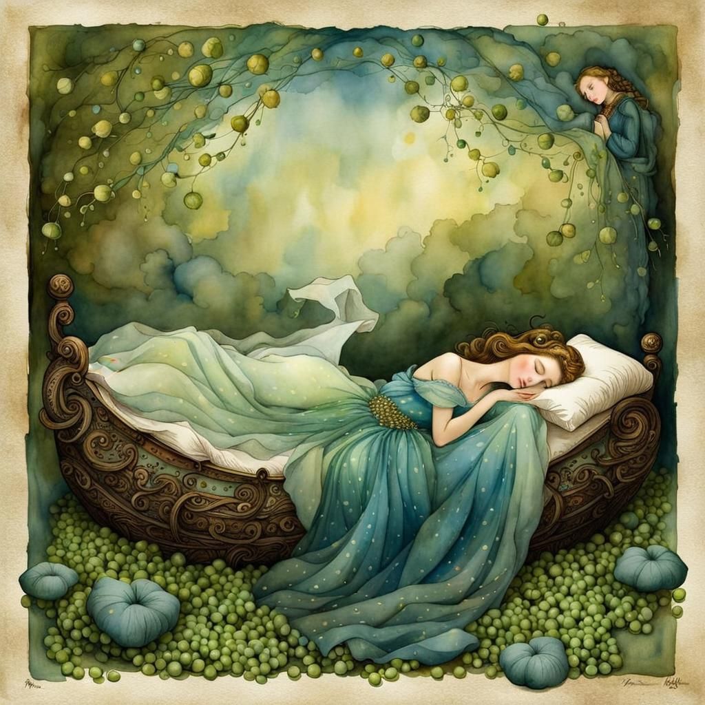 Watercolor Princess Sleeps on Pea Mattress Stack