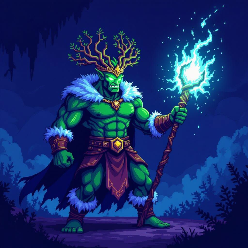 Emerald Frost King Wielding Ethereal Staff in 8-Bit Style