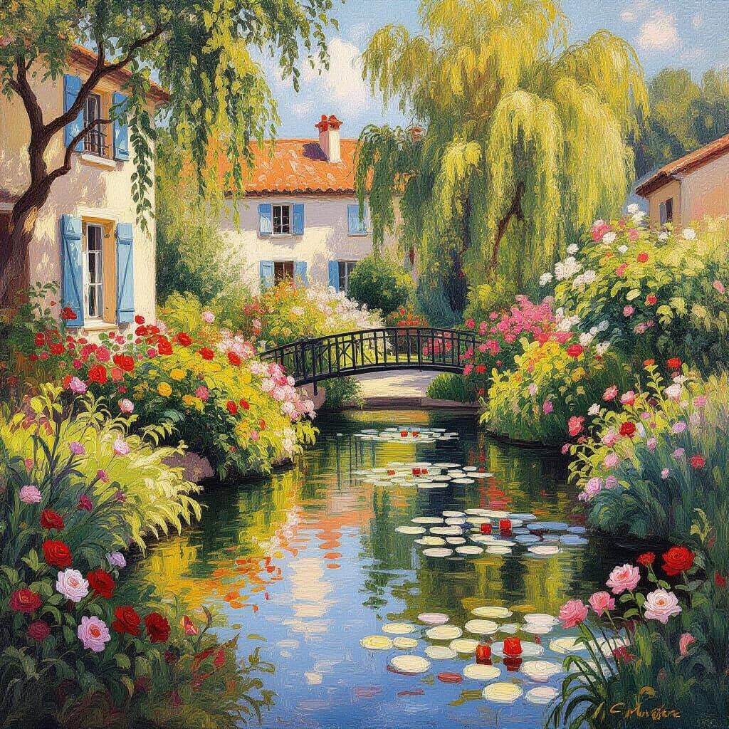 Impressionist Garden Landscape with Vibrant Flowers