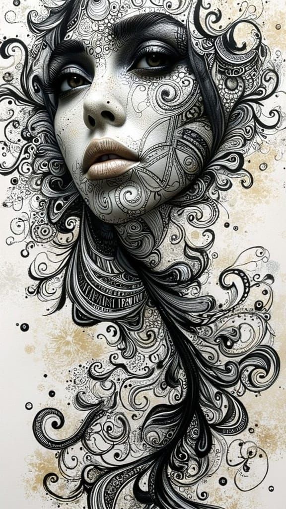 <lora:FantAlenD:1.0> An abstract black and white artwork using mixed media (ink, alcohol ink, charcoal, watercolor, coll...