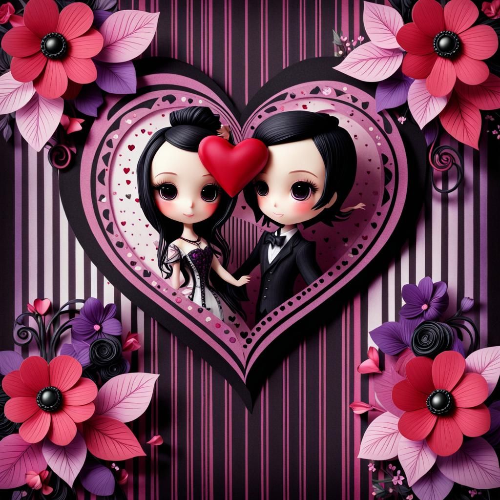 Romantic Gothic Chibi Couple Dancing, 3D Render