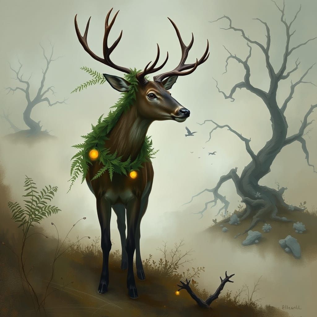 Mystical Deer in Foggy Forest, Fantasy Art