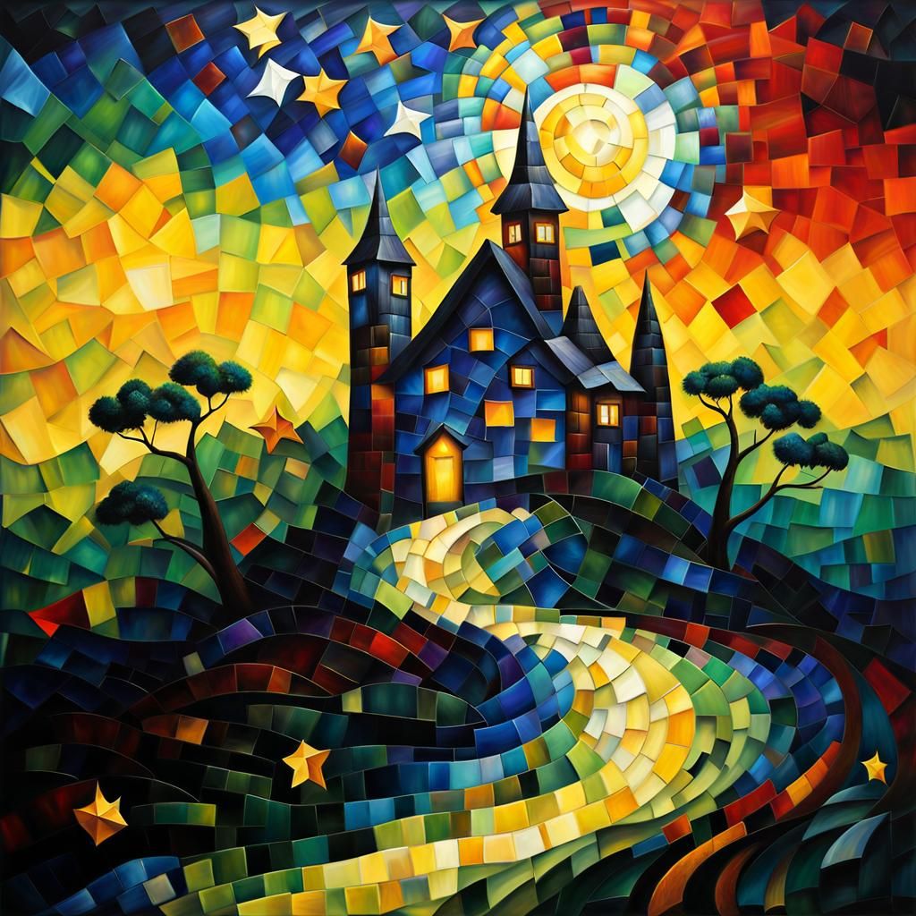 Mosaic Starry Night in Neo-Impressionist Style
