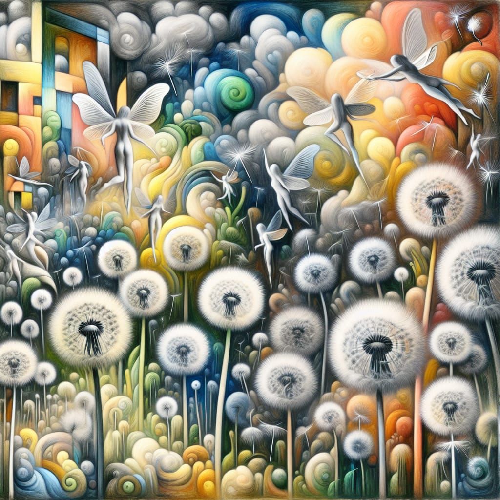 Dandelion Dreamscape with Fairies, in Surrealist Style