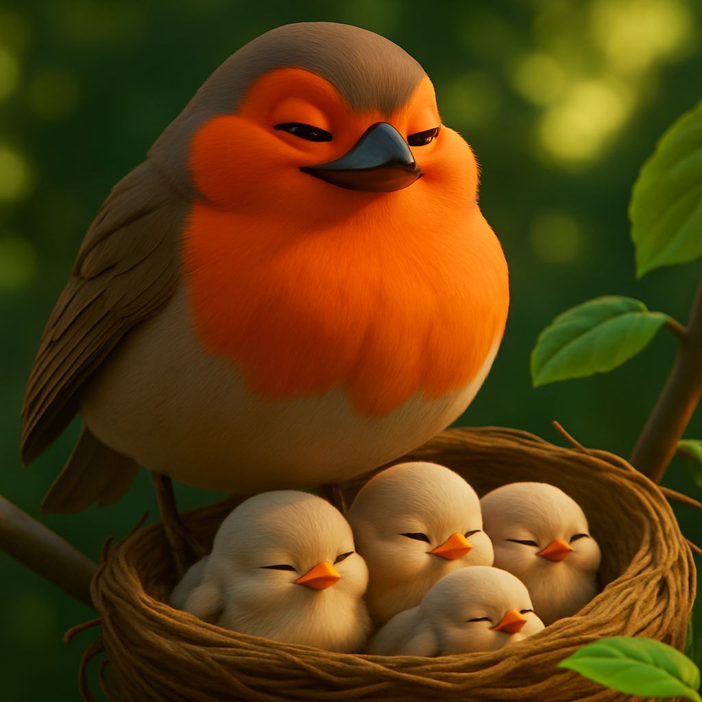 Proud Robin Overlooking a Nest in 3D Animation