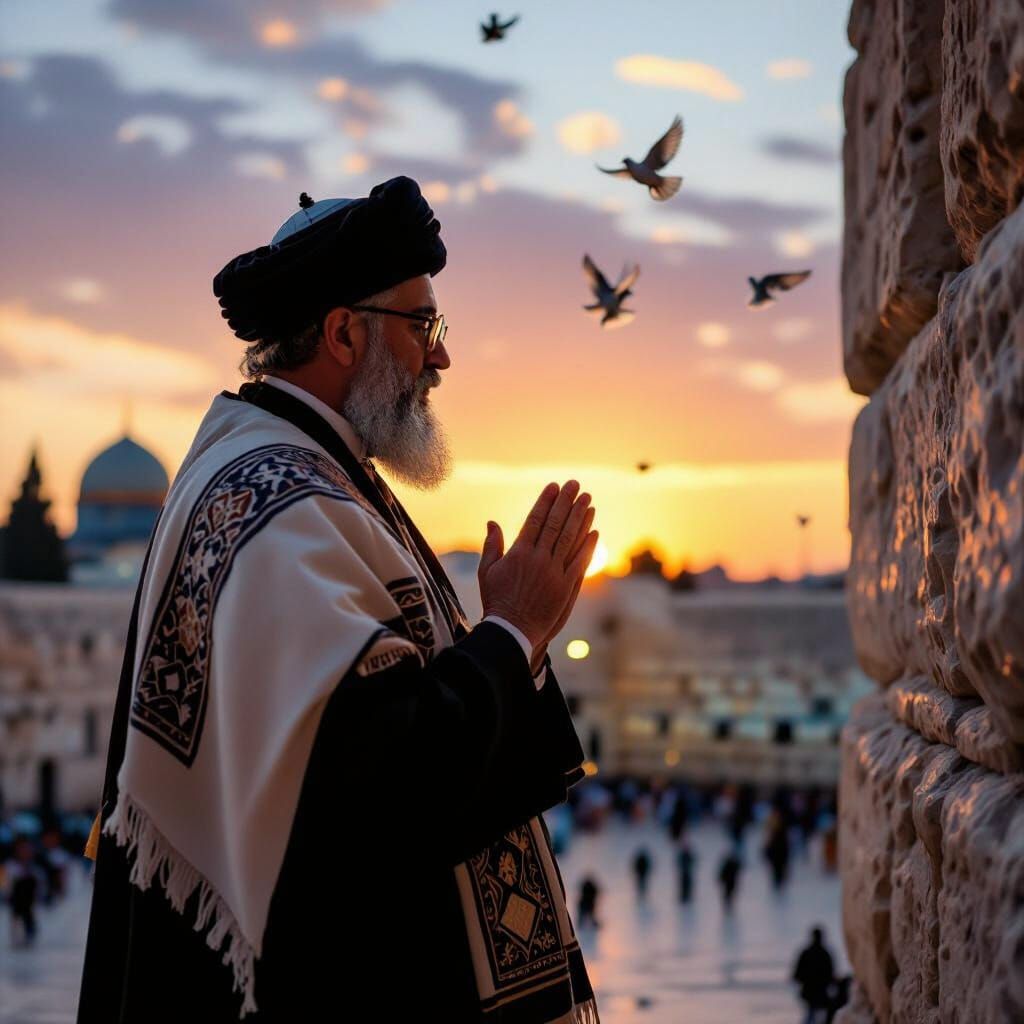 Rabbi Praying at Western Wall during Golden Hour
