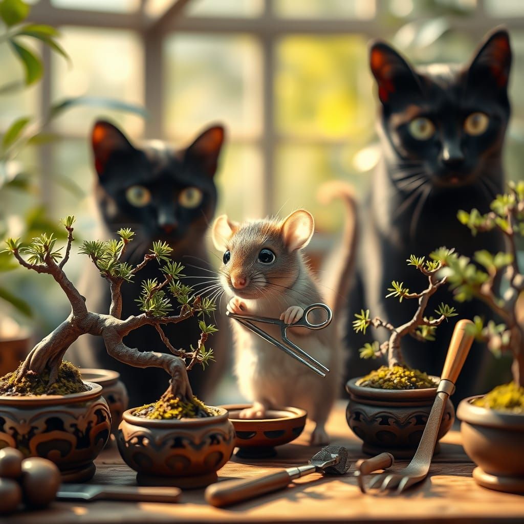Mouse Prunes Bonsai Trees in Elegant Conservatory