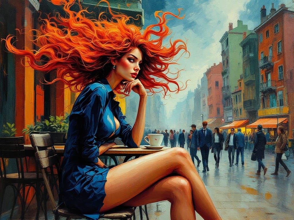 Flamboyant Woman Amidst Urban Turmoil