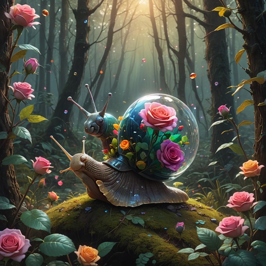 Snail with Roses in Shell: Mystical Forest Scene